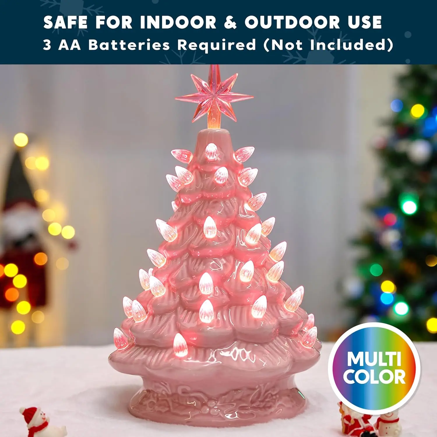12" Pink Ceramic Christmas Tree with Pink Star and Light Tabletop Christmas Tree Decor - Image 2