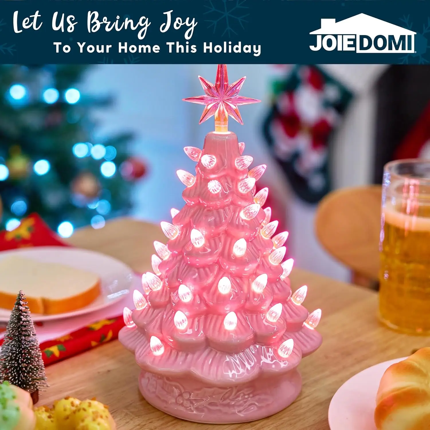 12" Pink Ceramic Christmas Tree with Pink Star and Light Tabletop Christmas Tree Decor - Image 5