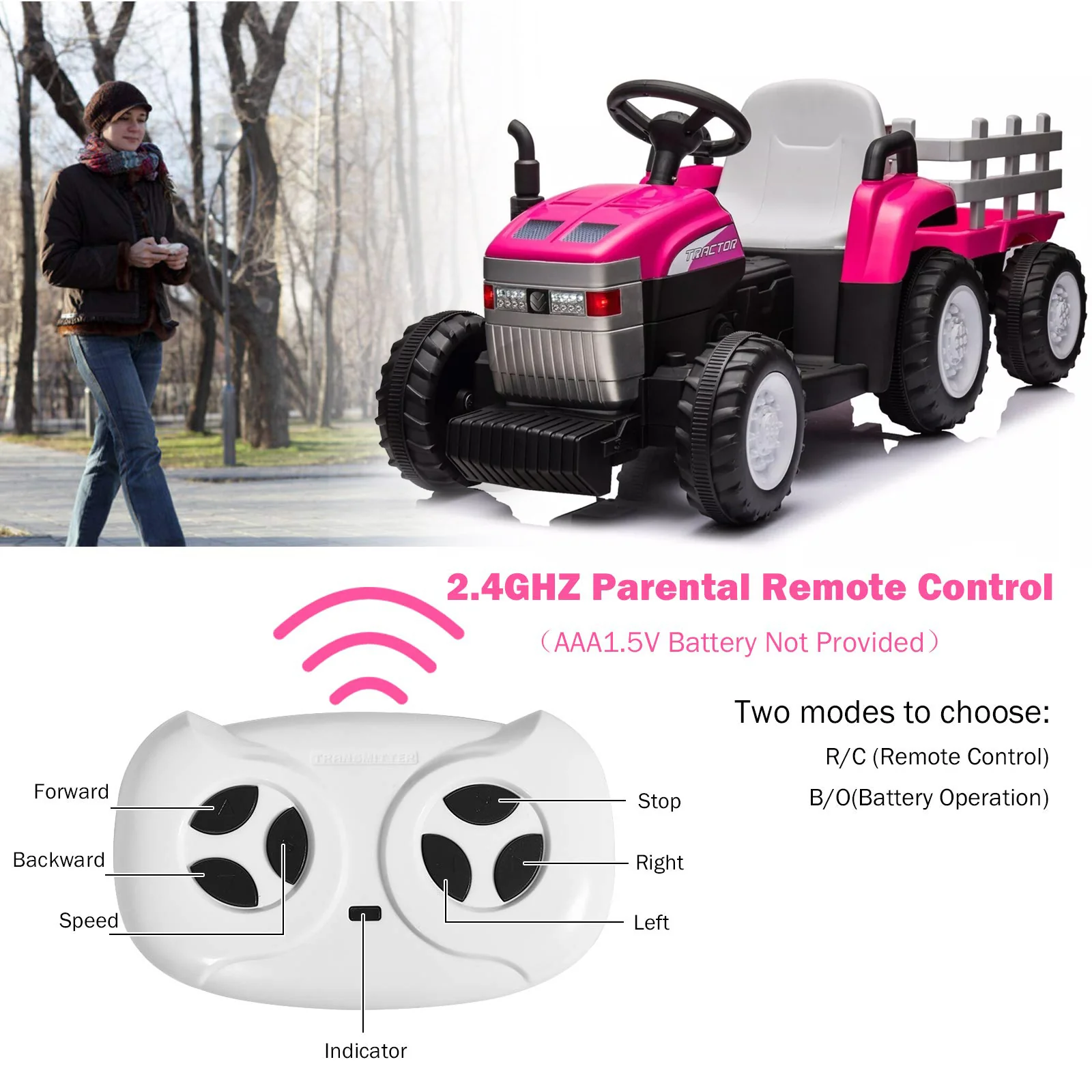 12V Childrens Ride on Tractor with Trailer Parent Remote Control Ride On Car Pink Ride-On Toy for Little Girls - Image 2