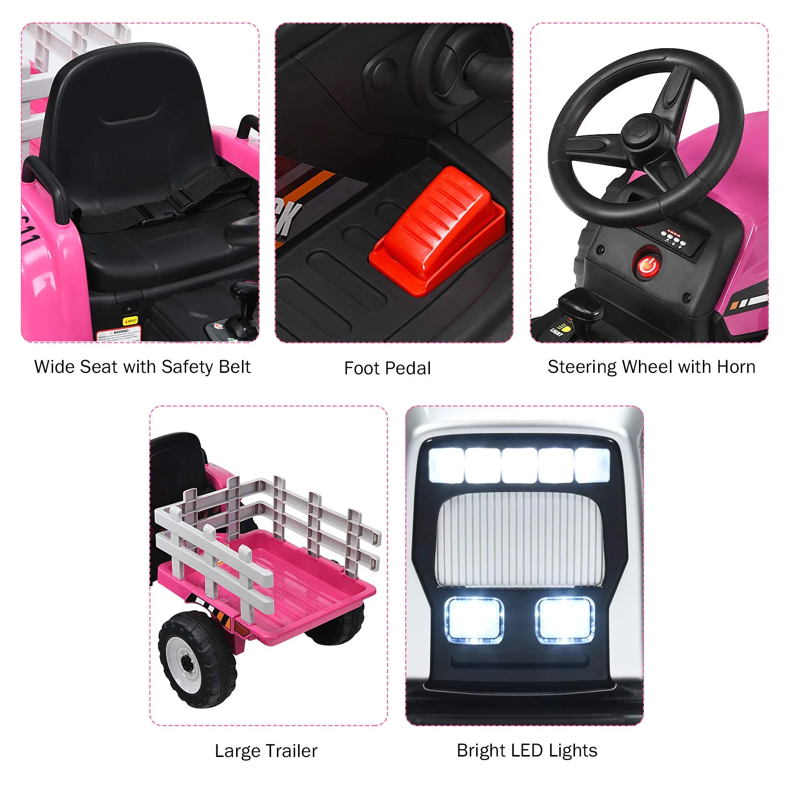 12V Childrens Ride on Tractor with Trailer Parent Remote Control Ride On Car Pink Ride-On Toy for Little Girls - Image 5