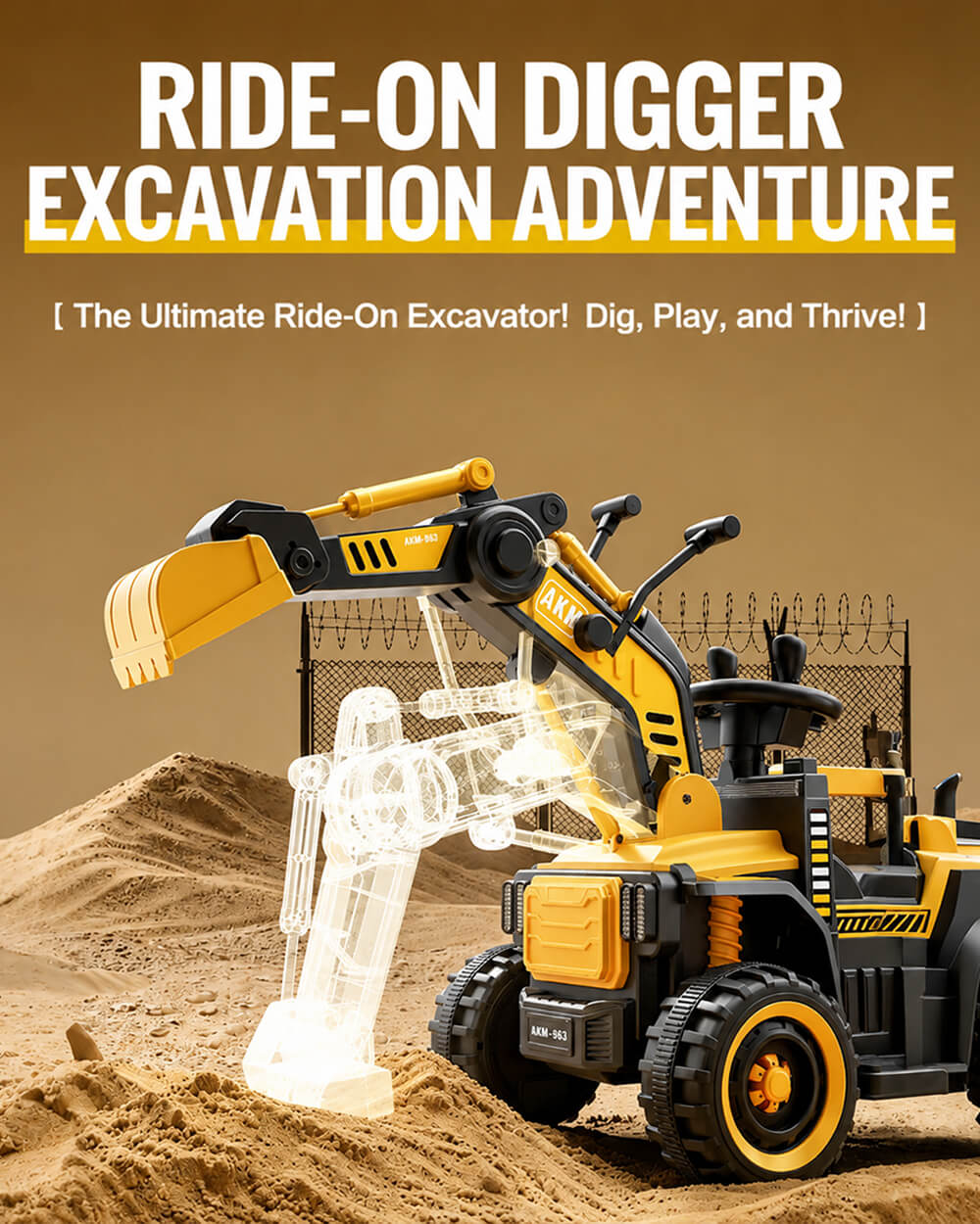 12V Kids Ride-On Excavator Battery Powered Electric Construction Car with Safety Soft Start and Dual Control Digging Arm - Image 2