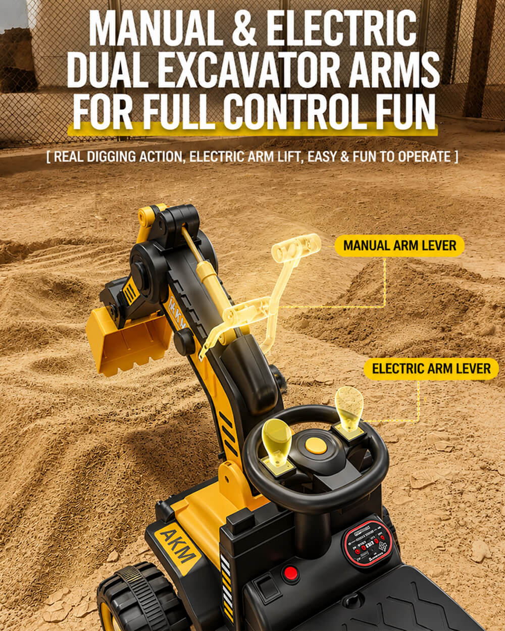 12V Kids Ride-On Excavator Battery Powered Electric Construction Car with Safety Soft Start and Dual Control Digging Arm - Image 3