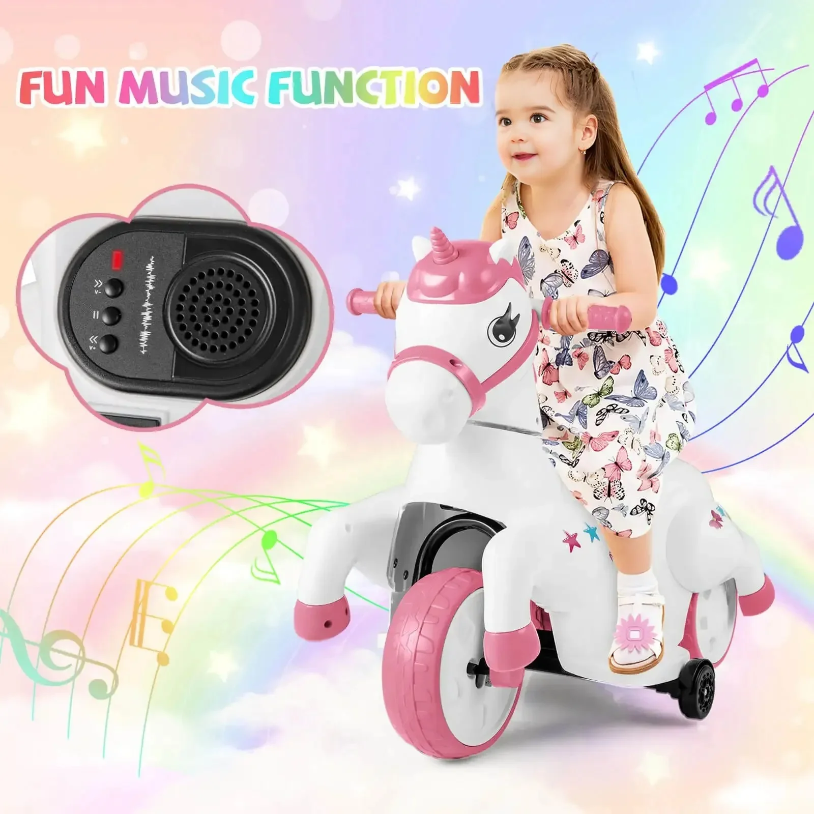 12V Kids Ride-On Toy with Training Wheels Dual Riding Modes Music Safety Horse Toy for Girls - Image 6