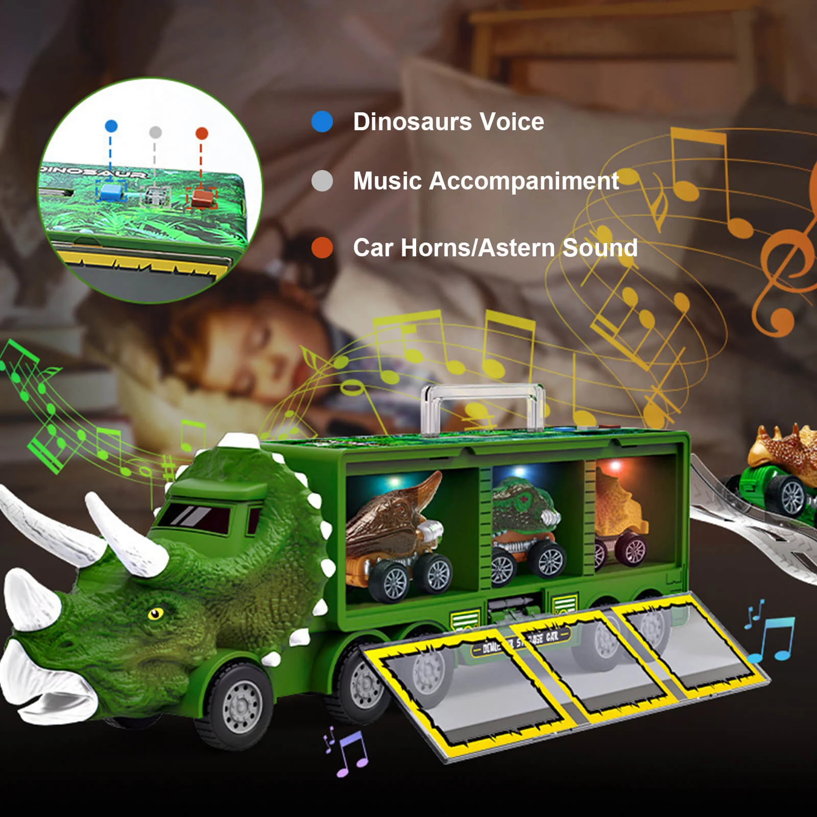 14-in-1 Kids Dinosaur Toys With Light Music Sound A Big Dinosaur Truck and 3 Dino Cars 3 Dinos - Image 3