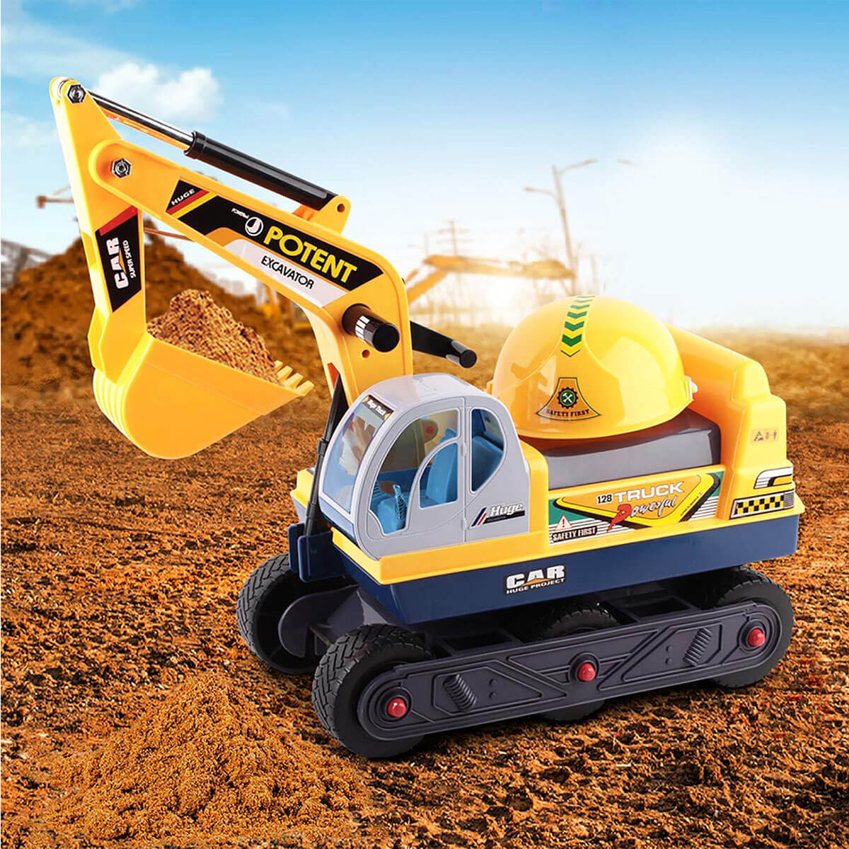 2-in-1 Kids Ride-on Excavator Outdoor Indoor Ride On Car Scooter With Helmet - Image 7
