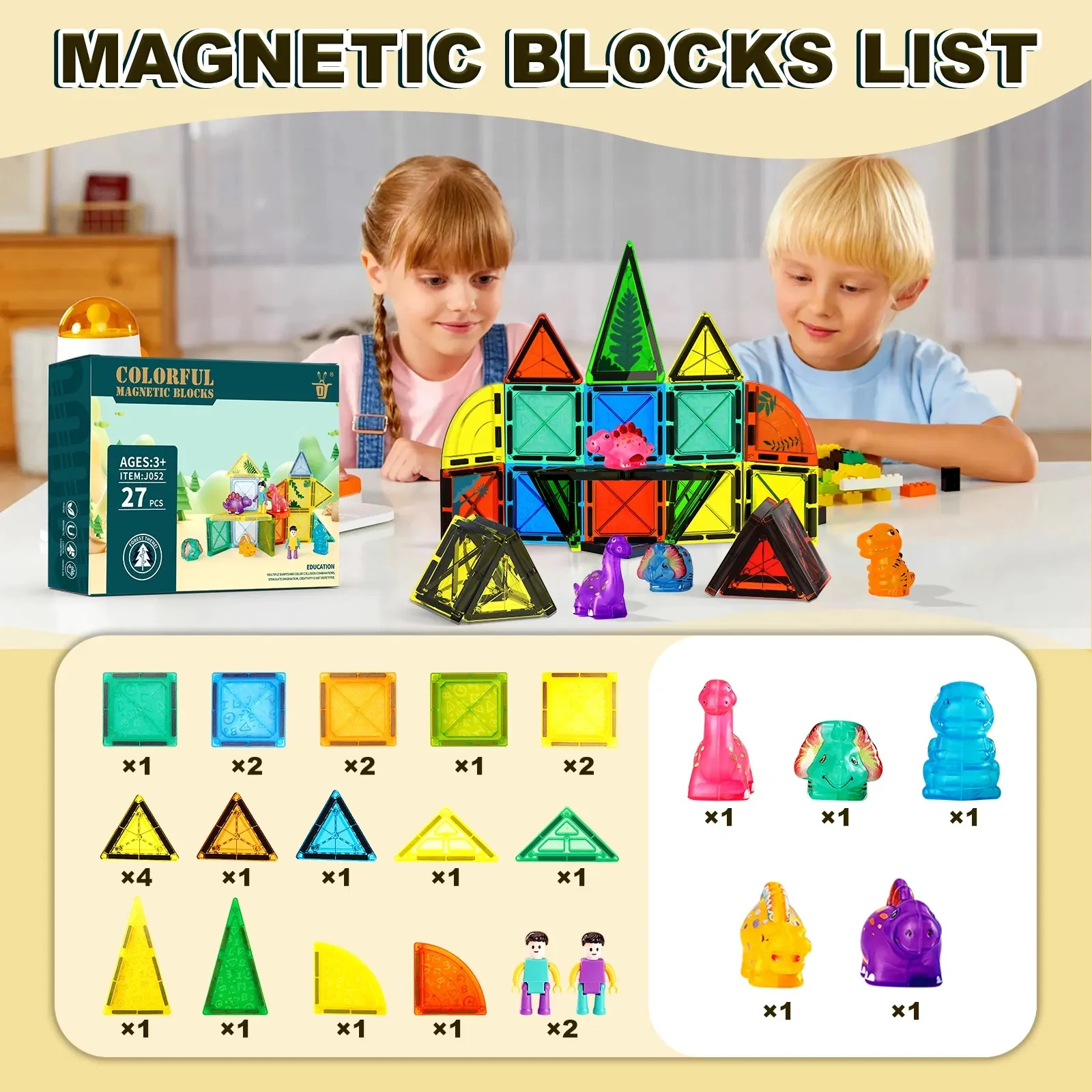 27pcs Magnet Tile Building Blocks with Dinosaur Doll Learning Educational Toy Holiday Gift - Image 3