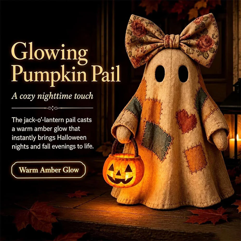2pcs Patchwork Ghost Decor Light-Up Halloween Decor Ornament with Bow and Glowing Pumpkin Pail - Image 3