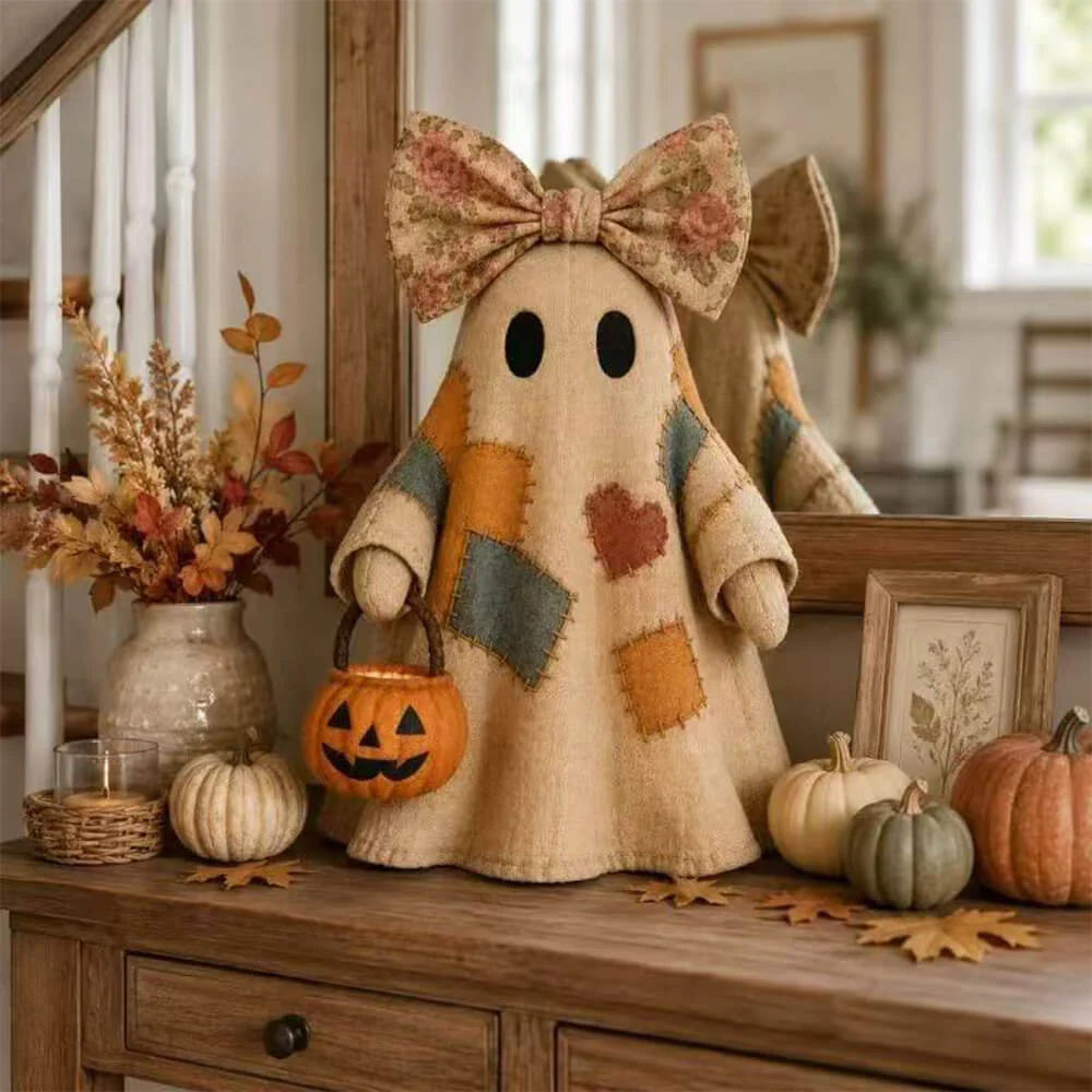 2pcs Patchwork Ghost Decor Light-Up Halloween Decor Ornament with Bow and Glowing Pumpkin Pail - Image 9