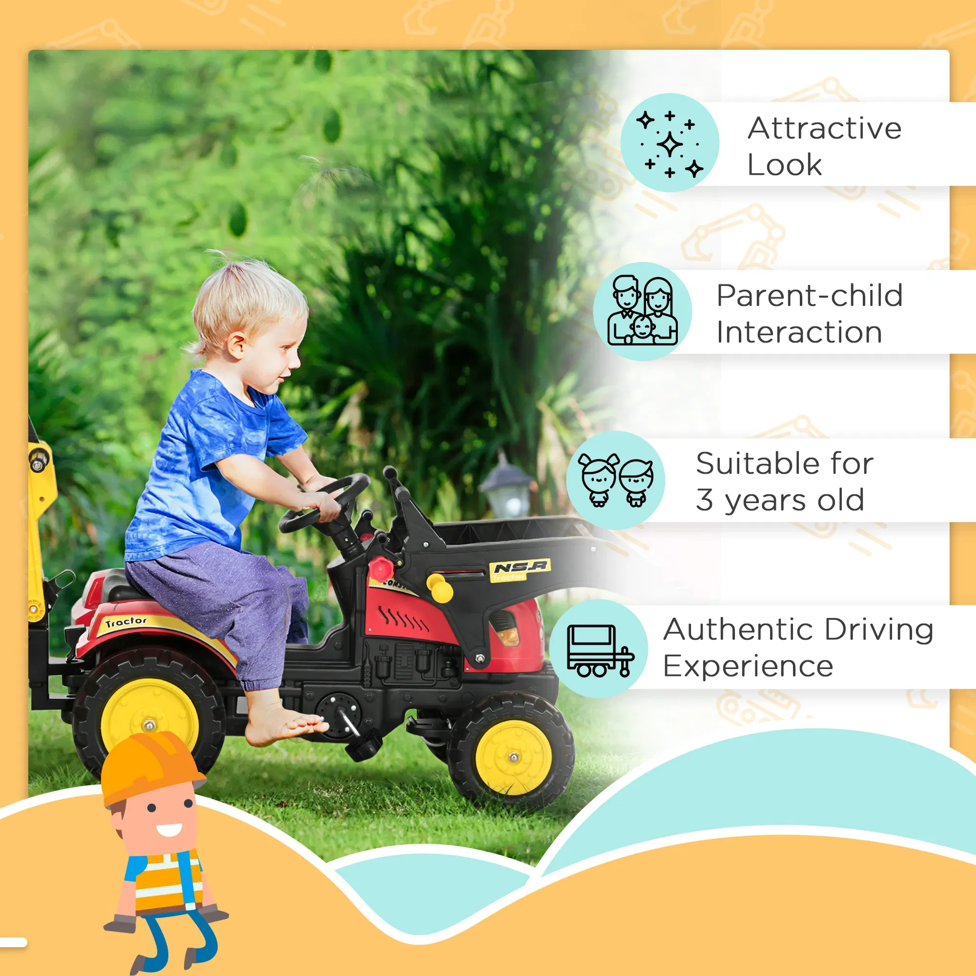 3 in 1 Kids Ride on Excavator 6 Wheels Pedal Powered Digger with Detachable Trailer Controllable Bucket - Image 3