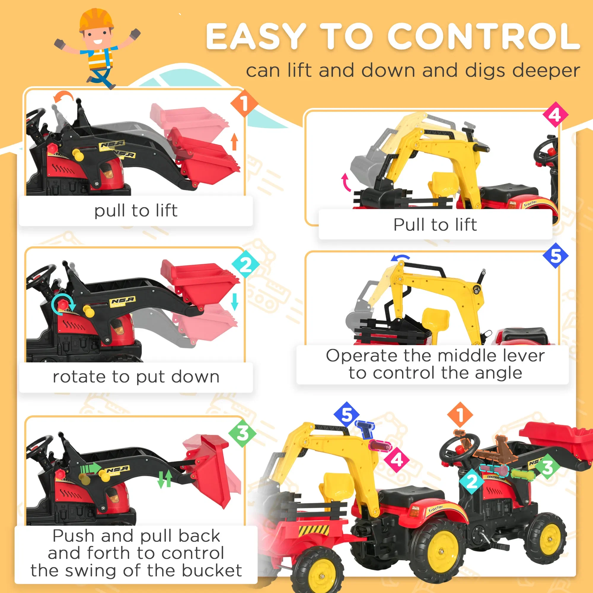 3 in 1 Kids Ride on Excavator 6 Wheels Pedal Powered Digger with Detachable Trailer Controllable Bucket - Image 4