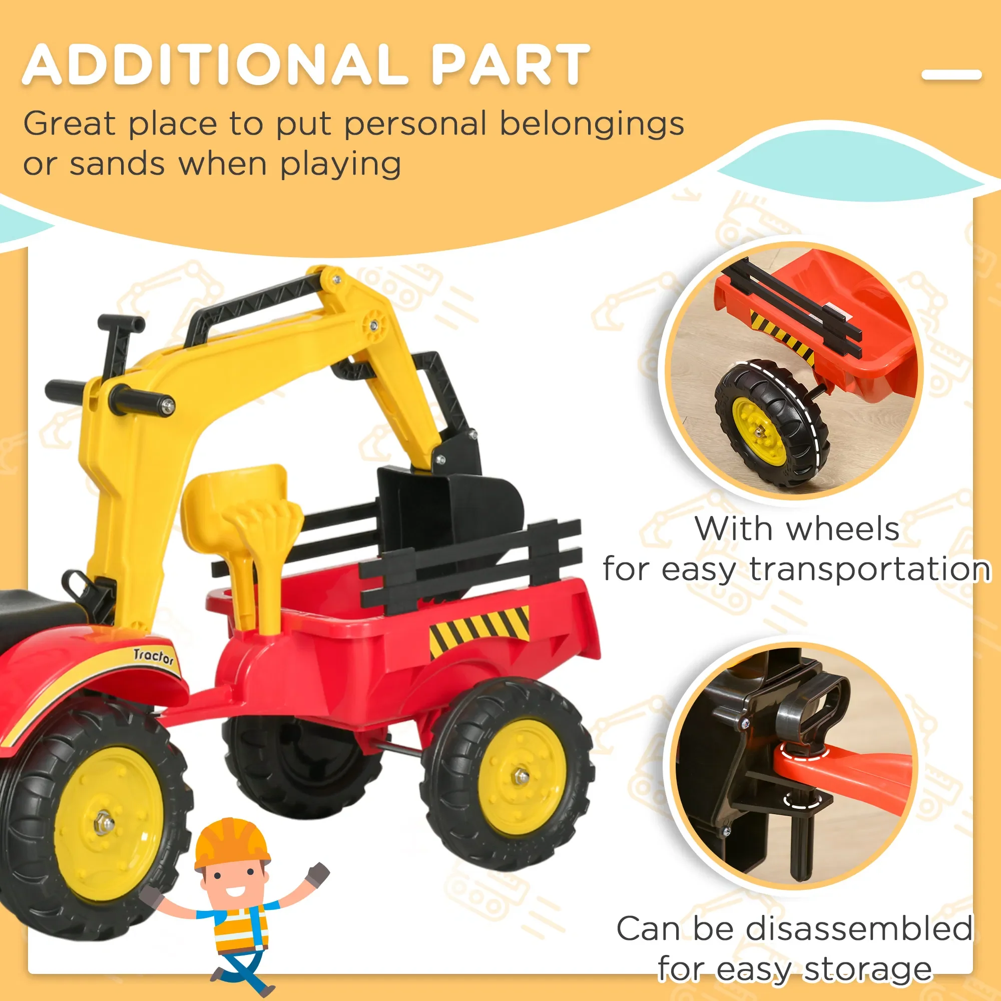 3 in 1 Kids Ride on Excavator 6 Wheels Pedal Powered Digger with Detachable Trailer Controllable Bucket - Image 7