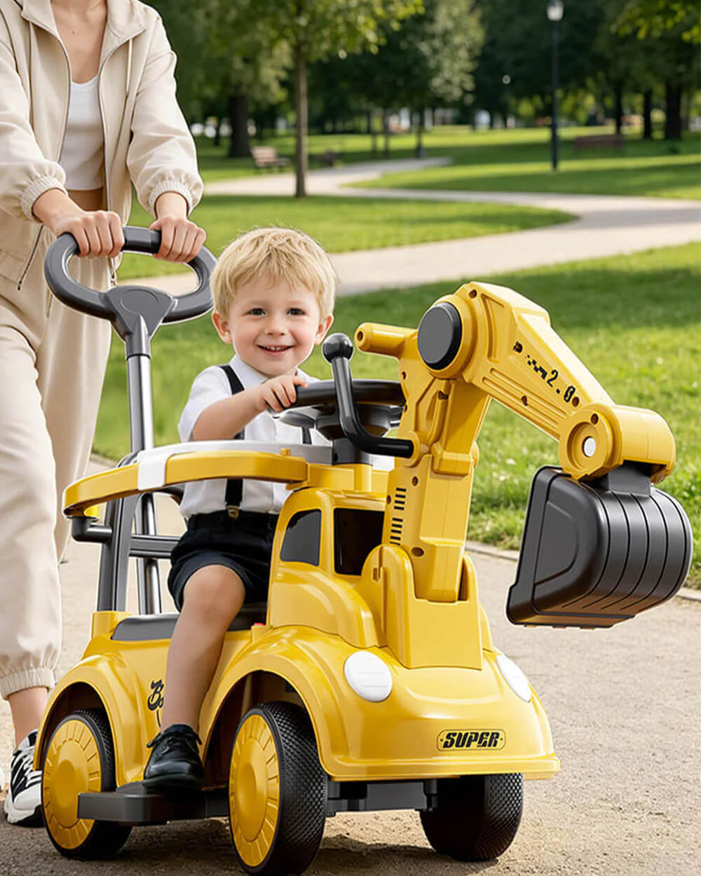 3-in-1 Toddler Electric Excavator Kids 6V Ride-On Push Car with Adjustable Handle and Guardrail