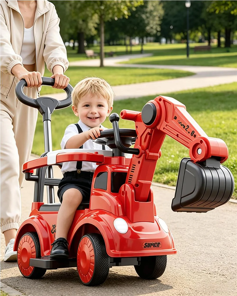 3-in-1 Toddler Electric Excavator Kids 6V Ride-On Push Car with Adjustable Handle and Guardrail - Image 2