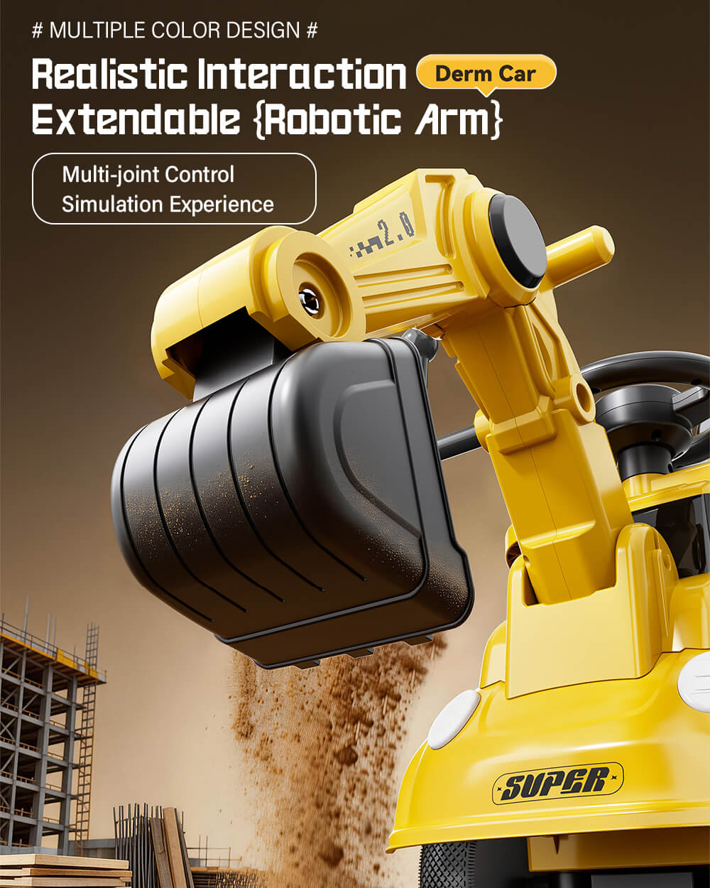 3-in-1 Toddler Electric Excavator Kids 6V Ride-On Push Car with Adjustable Handle and Guardrail - Image 3