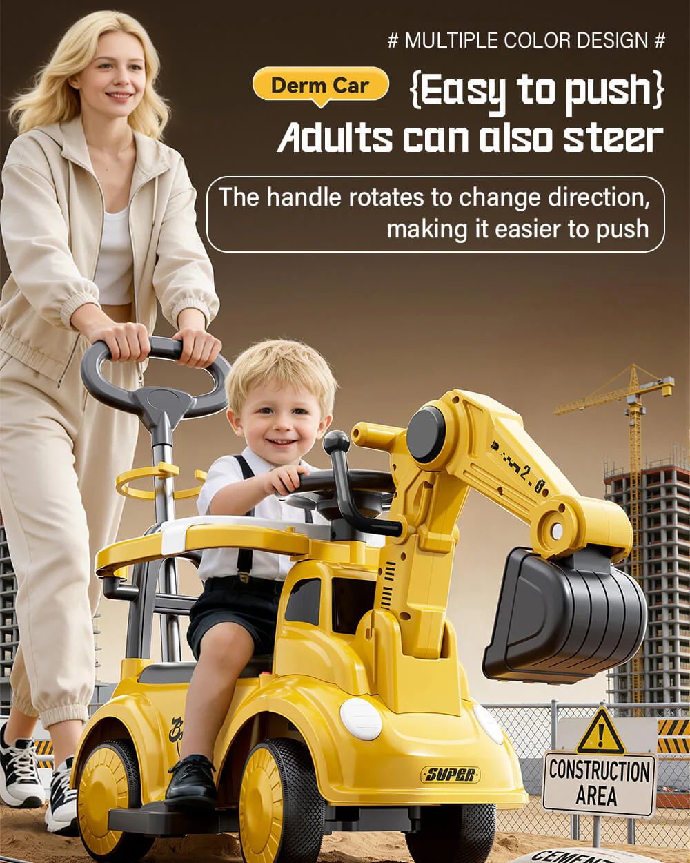 3-in-1 Toddler Electric Excavator Kids 6V Ride-On Push Car with Adjustable Handle and Guardrail - Image 4