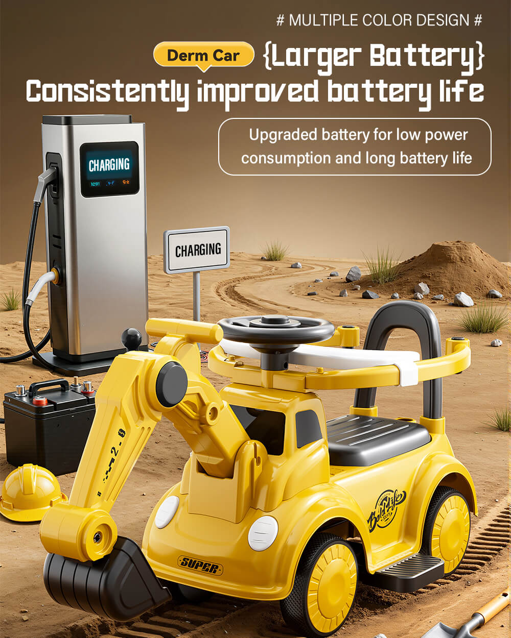 3-in-1 Toddler Electric Excavator Kids 6V Ride-On Push Car with Adjustable Handle and Guardrail - Image 6