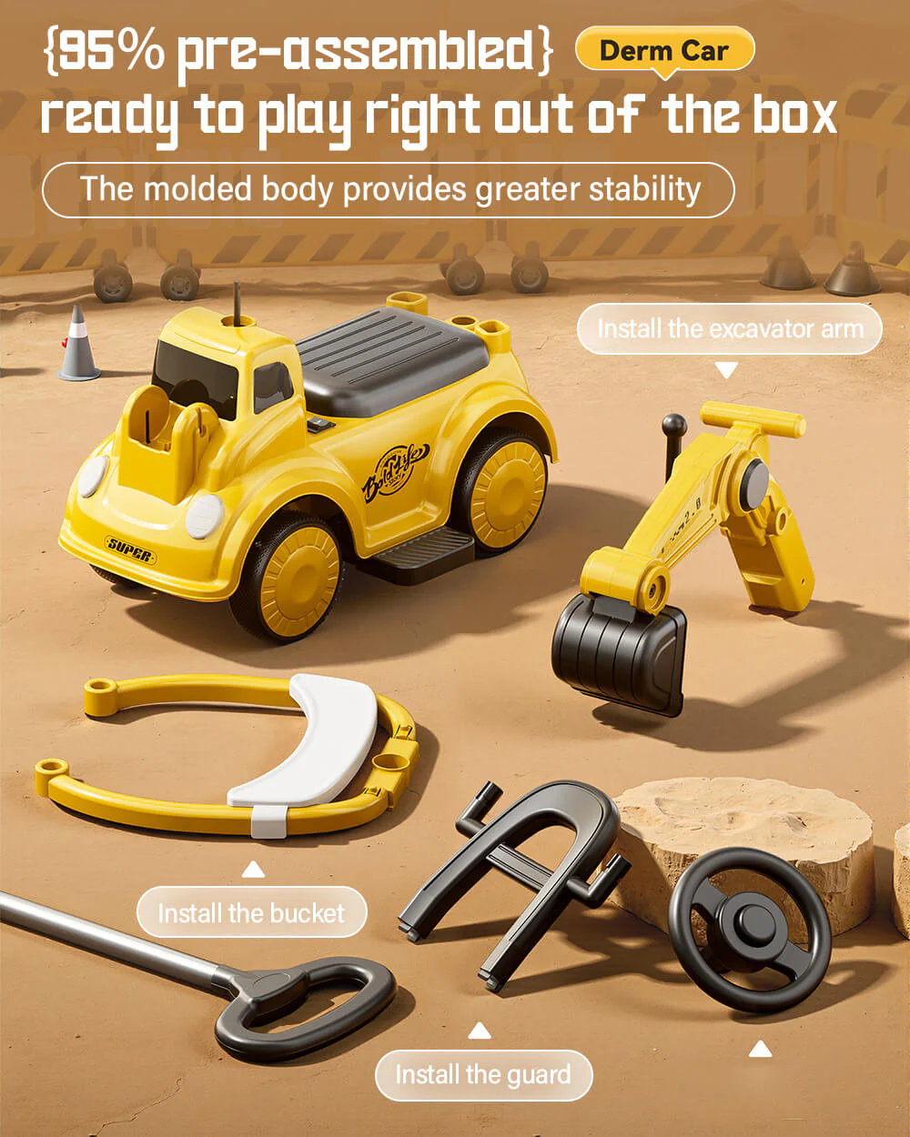 3-in-1 Toddler Electric Excavator Kids 6V Ride-On Push Car with Adjustable Handle and Guardrail - Image 7
