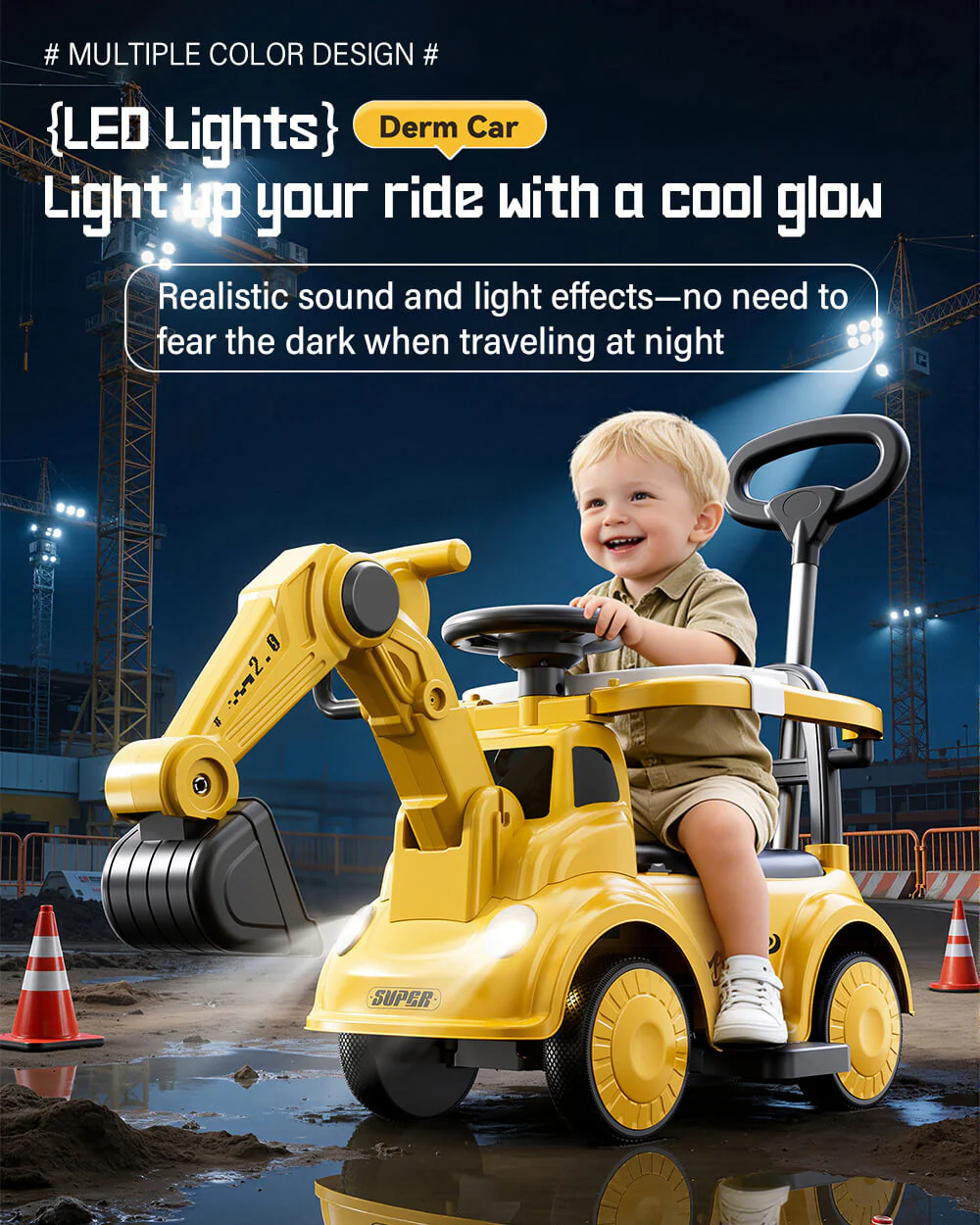 3-in-1 Toddler Electric Excavator Kids 6V Ride-On Push Car with Adjustable Handle and Guardrail - Image 8