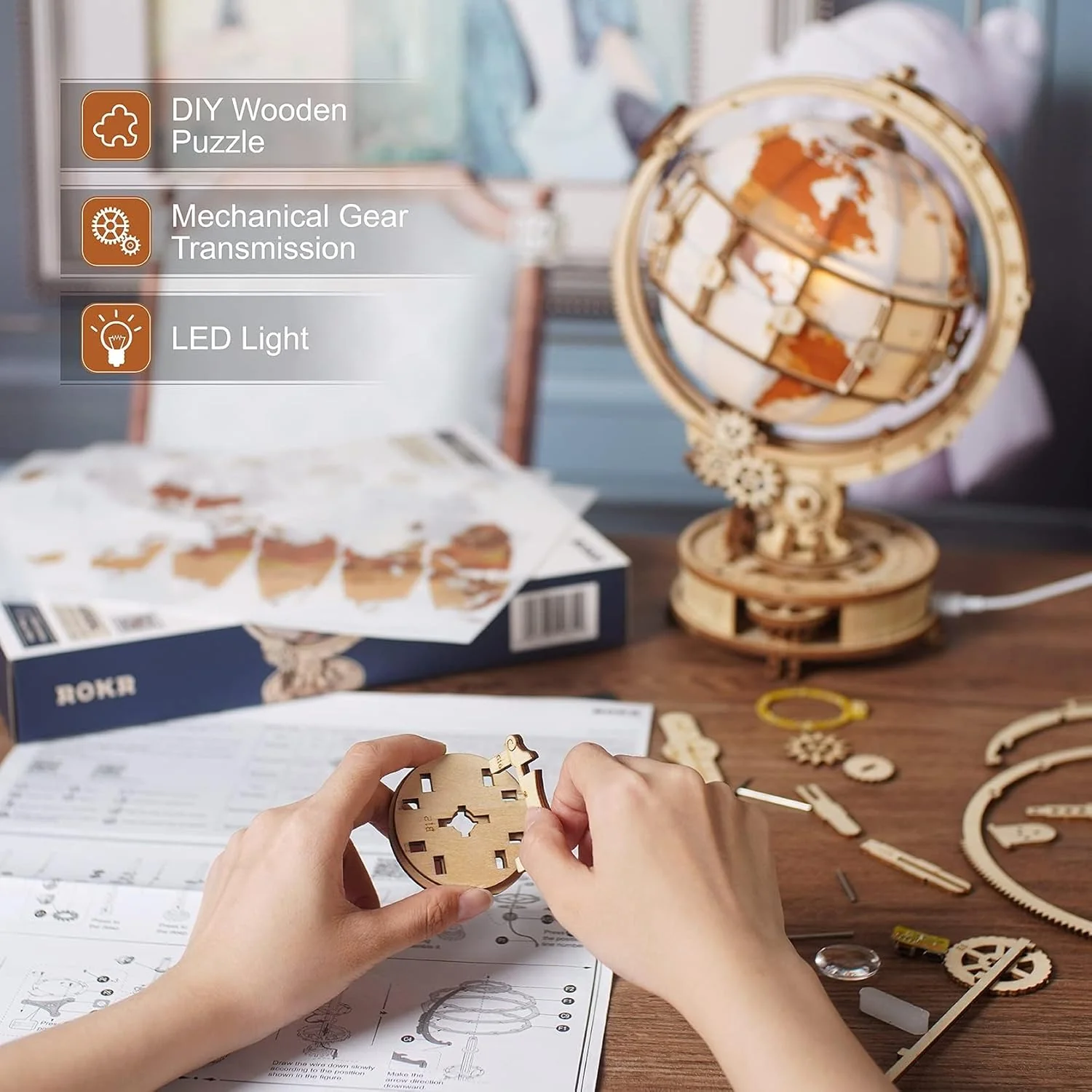 180pcs Wooden Puzzle Globe Model with LED Light 3D Illuminated Rotating Globe for Adult and Kids - Image 3