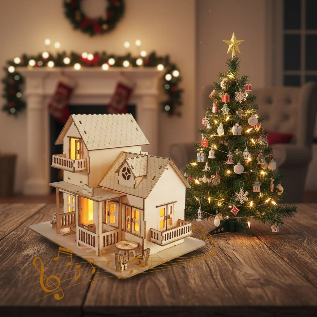 3D Wooden Puzzle Set Music Box with Light DIY Craft Kit Holiday Gifts - Image 3
