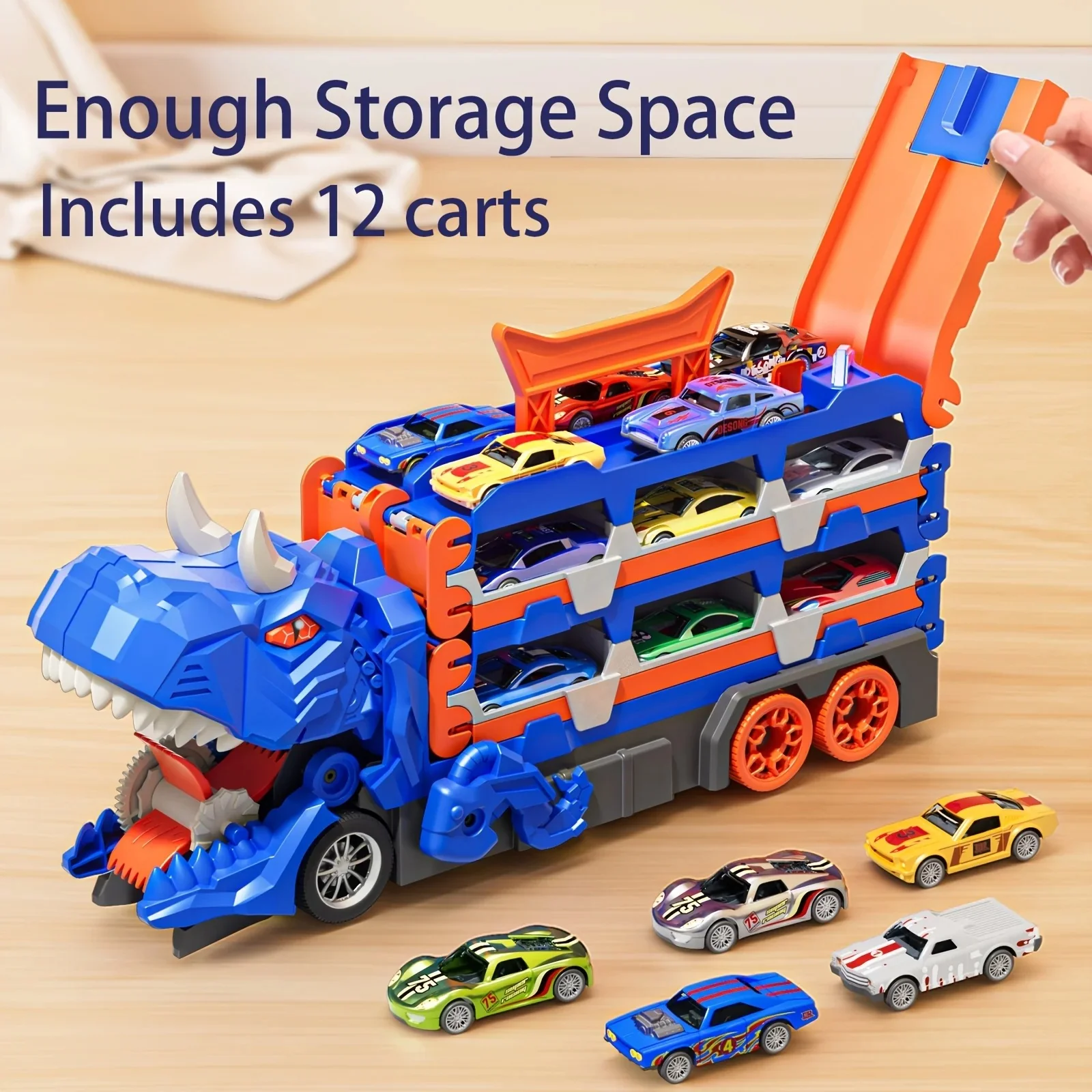 3in1 Dinosaur Race Track Toys with 12 Alloy Cars Transforming Sliding Catapult Track - Image 10