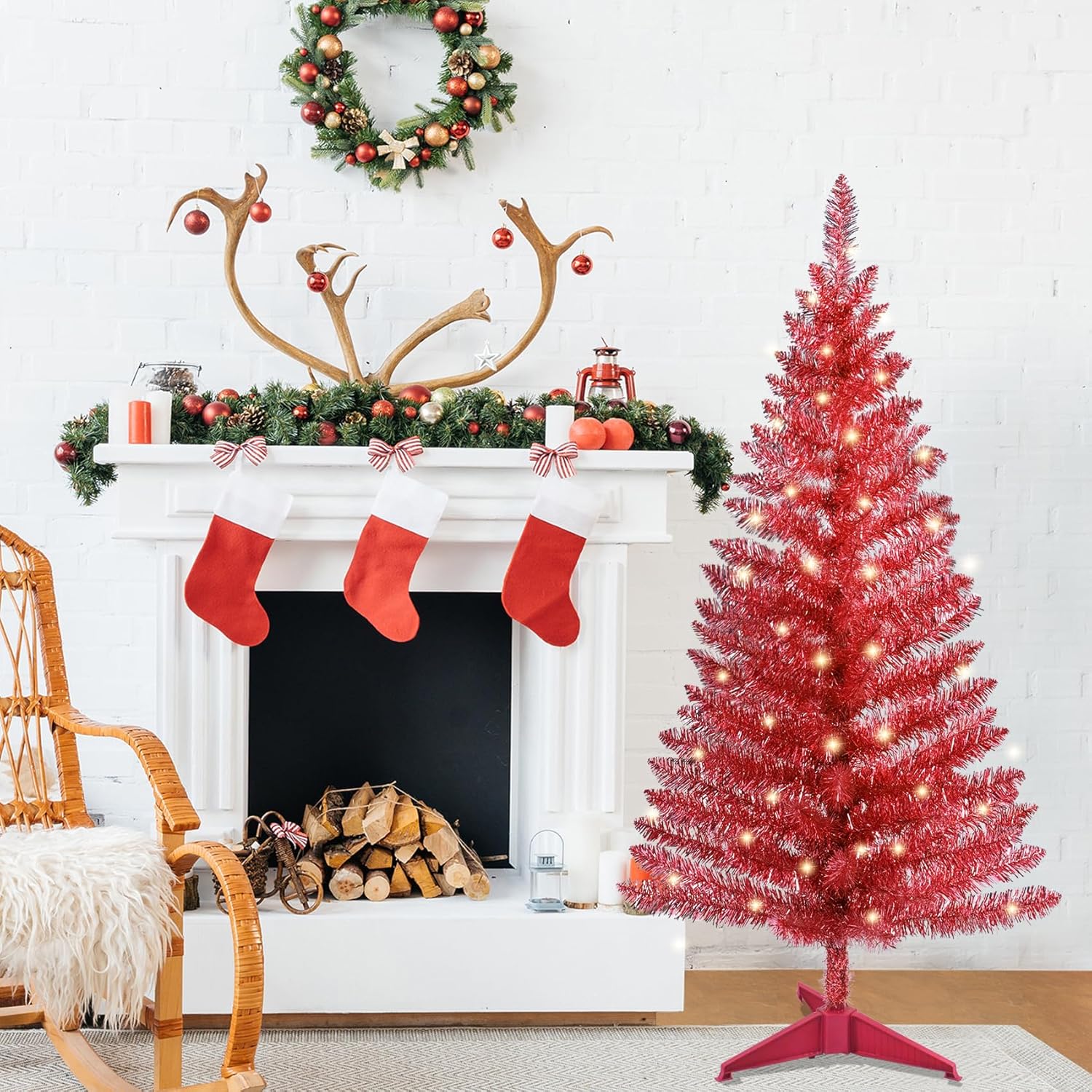 4ft Pink Christmas Tree Table Mini Artificial Tree with 50 Lights Sturdy Stand - Image 2