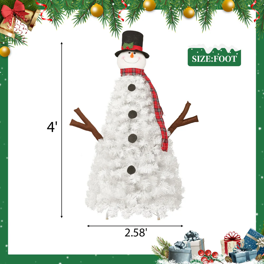 4ft Snowman-Shaped Christmas Tree with 100 Warm Lights Artificial Xmas Tree Holiday Decoration - Image 10
