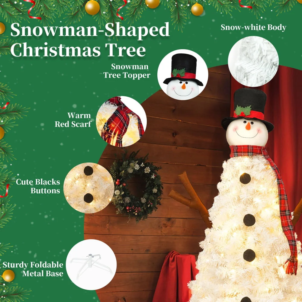 4ft Snowman-Shaped Christmas Tree with 100 Warm Lights Artificial Xmas Tree Holiday Decoration - Image 5