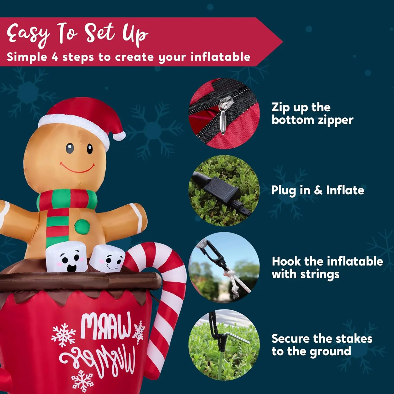 6FT Christmas Inflatable Gingerbread Man in Hot Cocoa Mug with LED Light Cute Christmas Decoration - Image 2