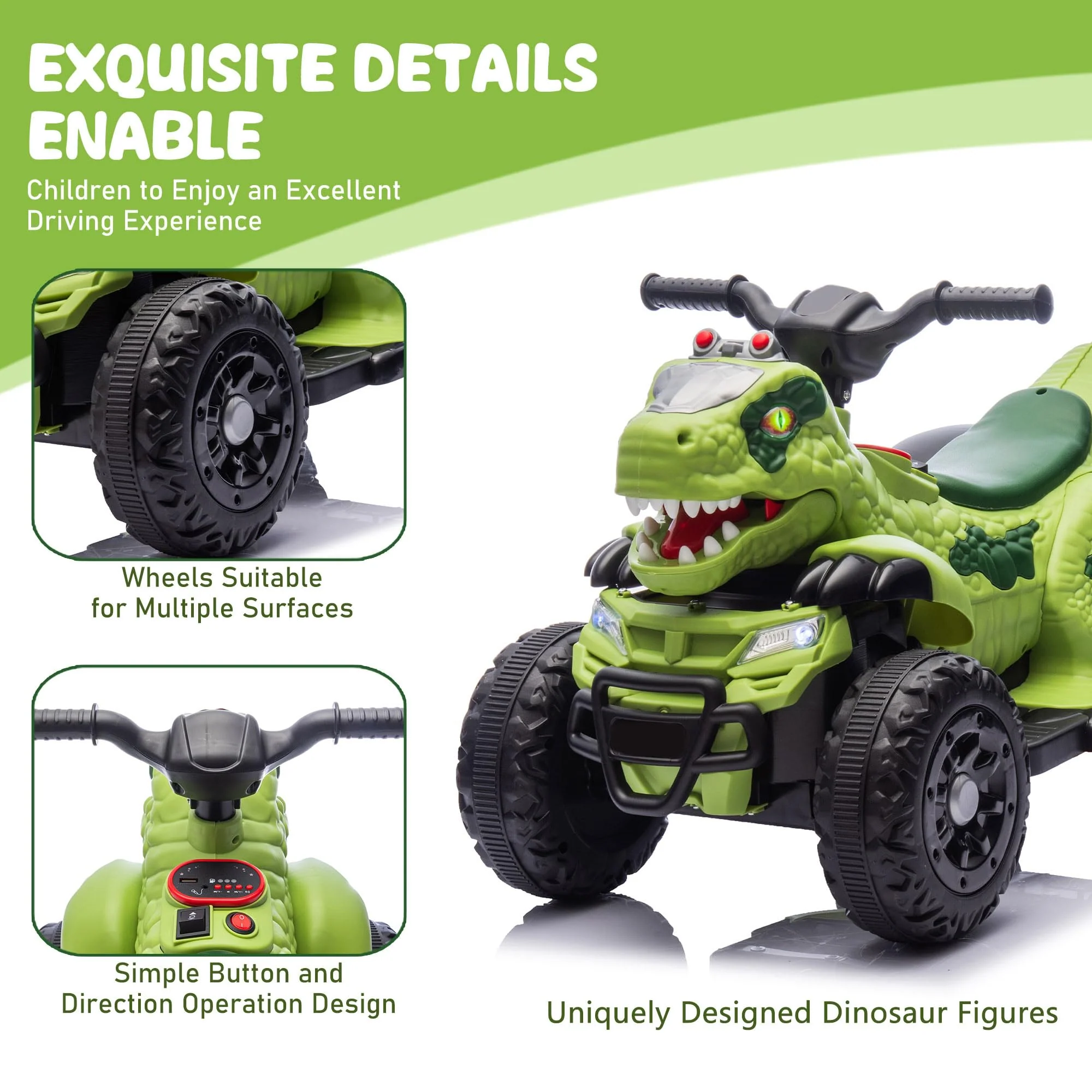 Kids Ride-on Dinosaur ATV Safe Electric Dinosaur Car Interactive with Sounds and Lights - Image 3