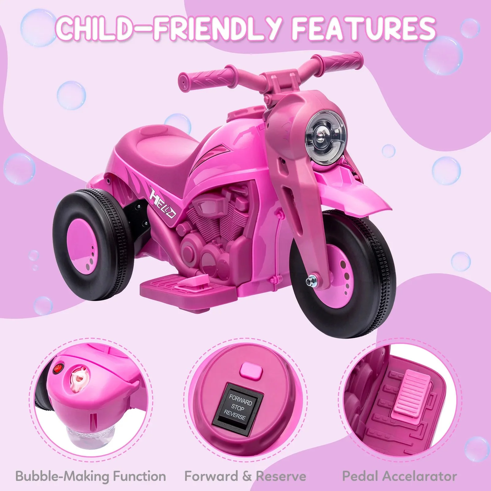 6V Electric Ride-On Bubble Motorcycle for Kids 3-Wheeled Electric Bike with Big Headlight & Music - Image 7