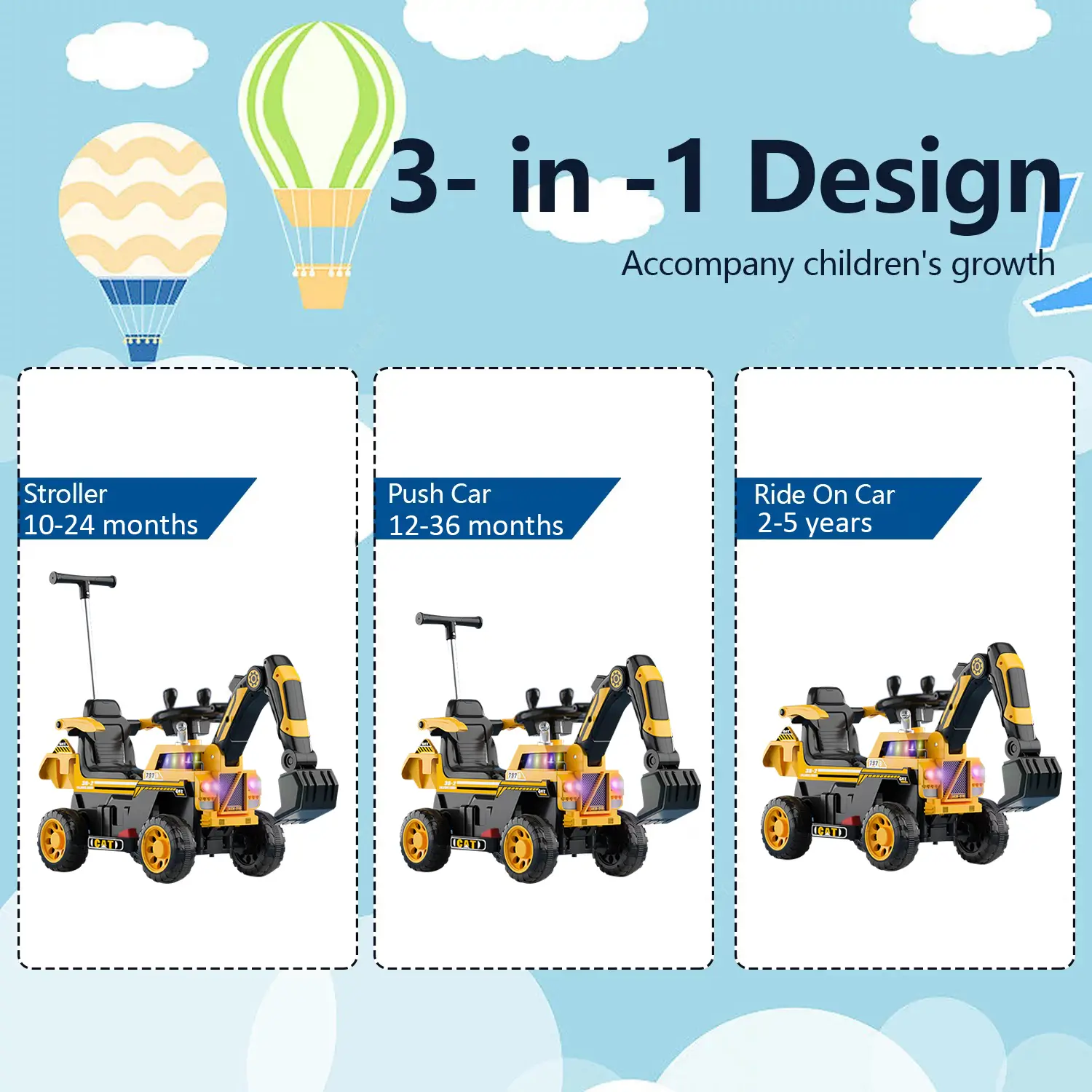 Kids Electric Ride-On Excavator w/ Push Bar Extended Wide Safe Seat With Front Power Arm & Light Music - Image 10