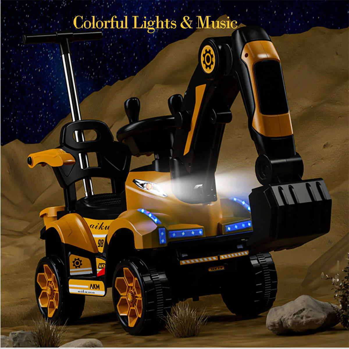 6V Kids Electric Excavator Ride-On Car Toys With Removable Push Handle & Light Music For Girls & Boys - Image 7