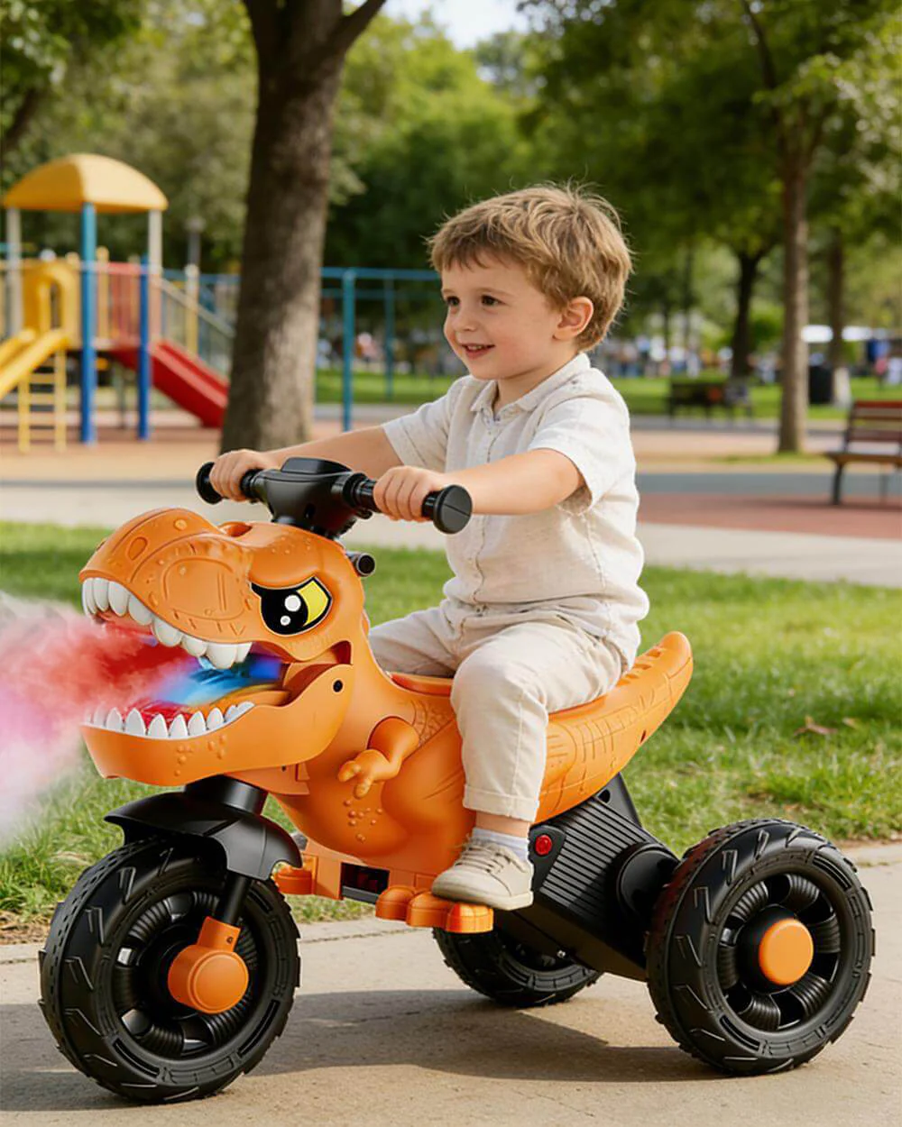 6V Kids Dinosaur Motorcycle Spray Ride on Motorcycle 3-Wheel Stable Car with Bluetooth Music - Image 11