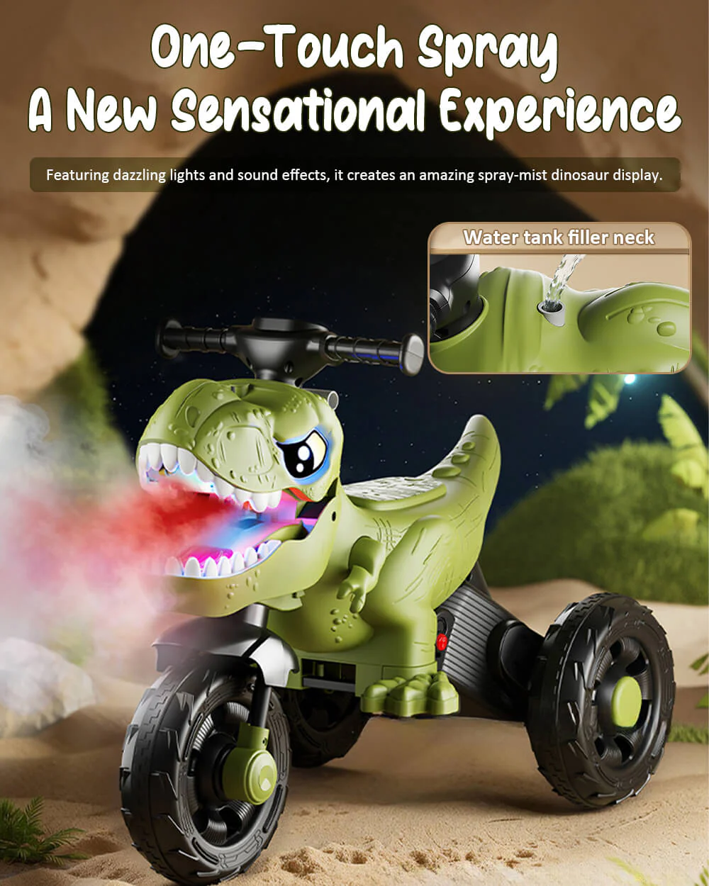 6V Kids Dinosaur Motorcycle Spray Ride on Motorcycle 3-Wheel Stable Car with Bluetooth Music - Image 4