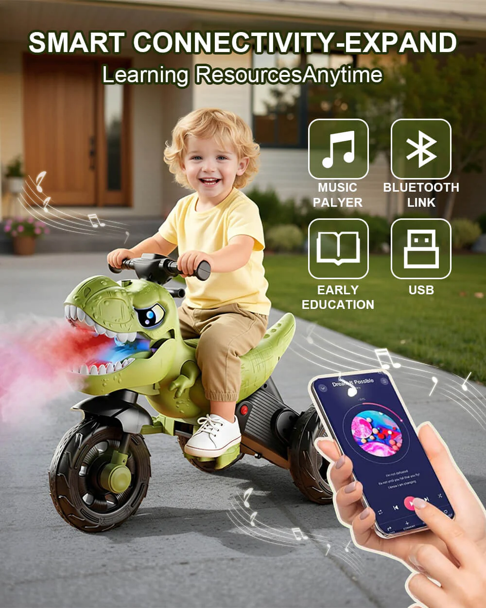 6V Kids Dinosaur Motorcycle Spray Ride on Motorcycle 3-Wheel Stable Car with Bluetooth Music - Image 7