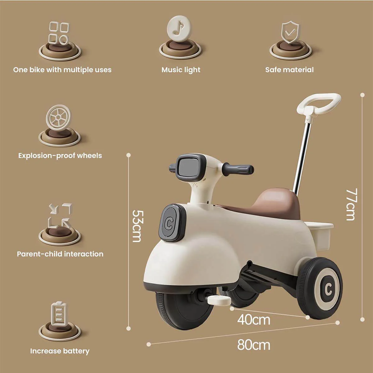 6V Kids Ride On Motorcycle 3-in-1 Electric Motorcycle with Push Handle Battery Powered Ride On Car - Image 9