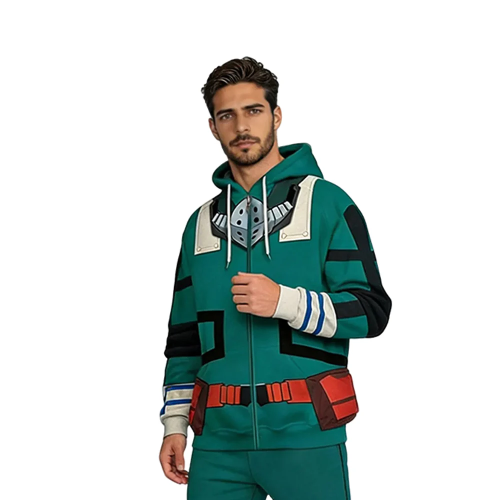 Adult Deku Costume Green Zip-up Sweatshirt and Pants Hero Deku Outift with Plus Size - Image 3