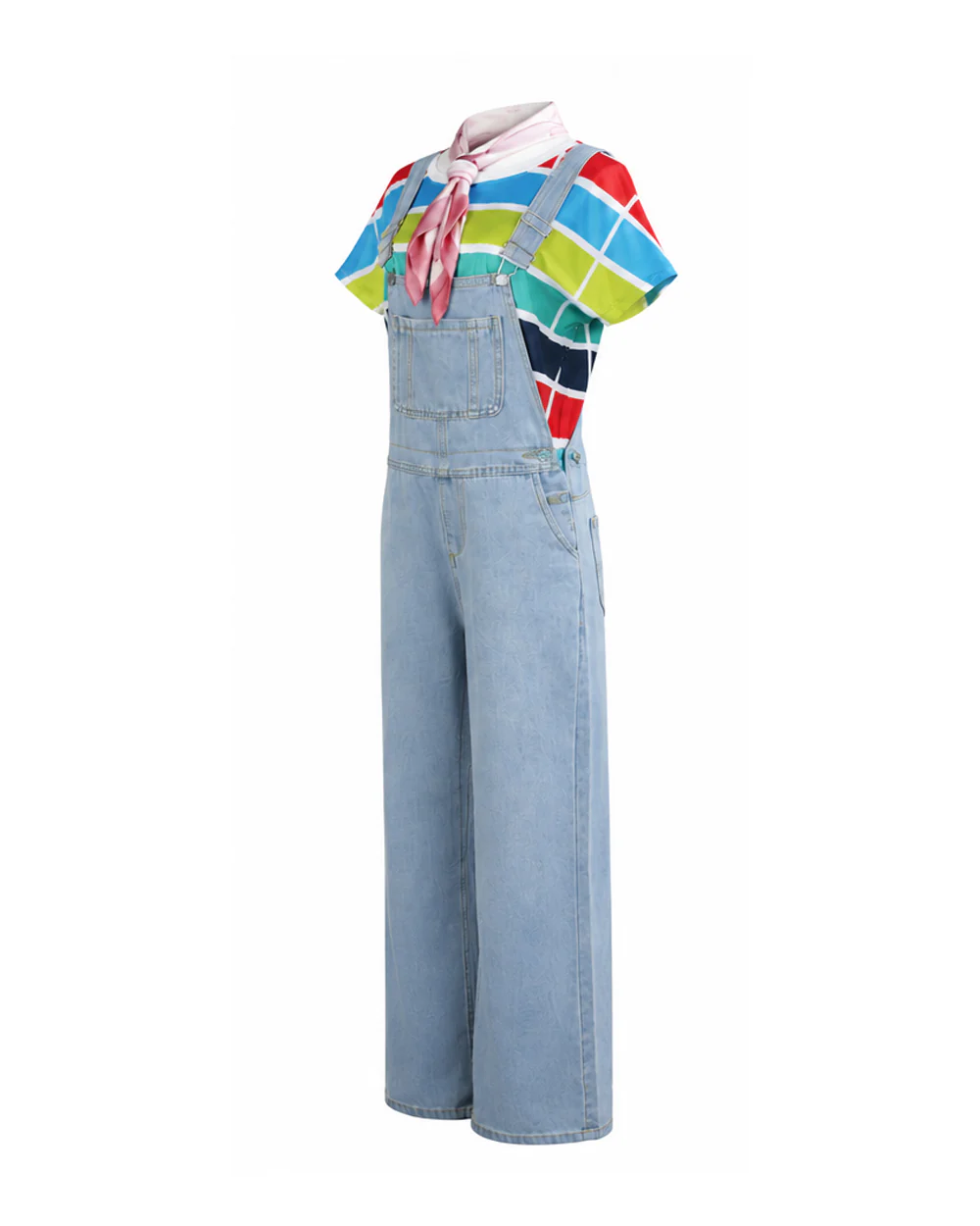 Adult Show Host Cosplay Outfit Rainbow Striped T-shirt and Blue Denim Overalls for Halloween Cosplay Party - Image 6