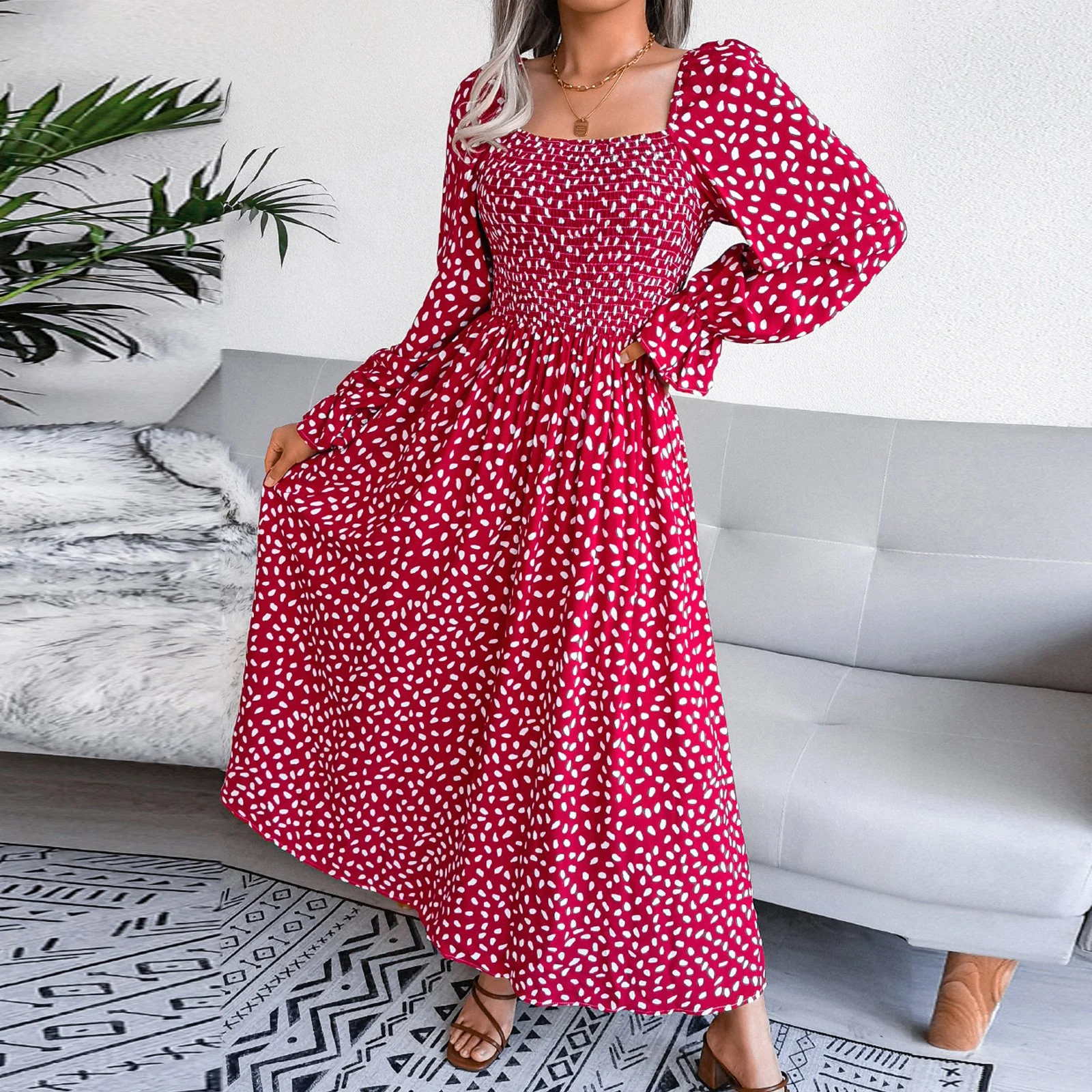 Adult Square Neck Maxi Dress Puff Sleeve Pleated Dress - Image 2