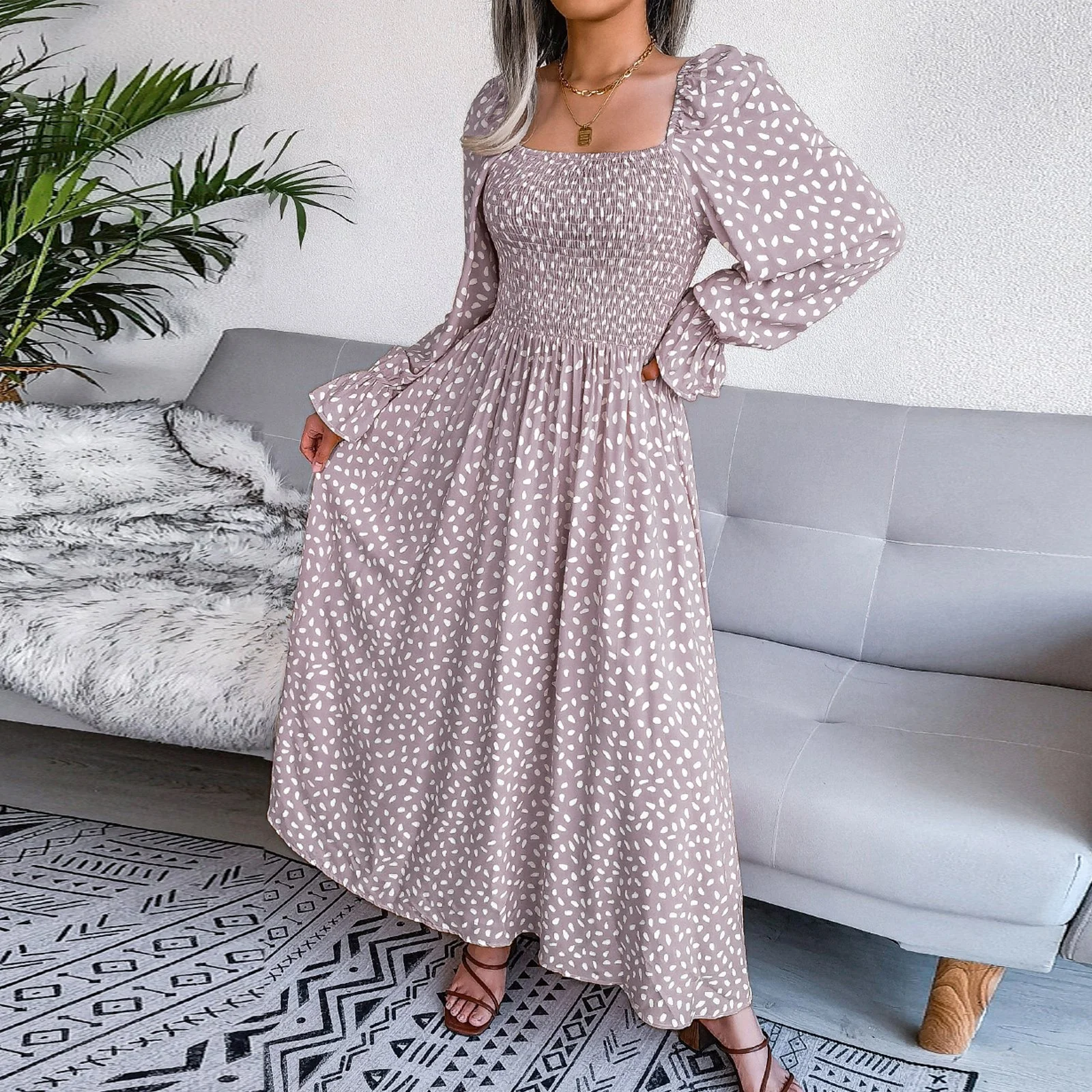 Adult Square Neck Maxi Dress Puff Sleeve Pleated Dress - Image 6