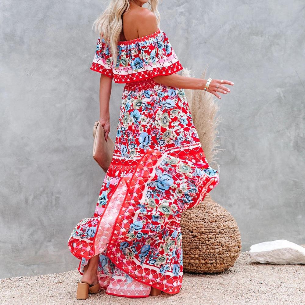 Allover Floral Print Off Shoulder Ruffle Hem Belted Maxi Dress - Image 19