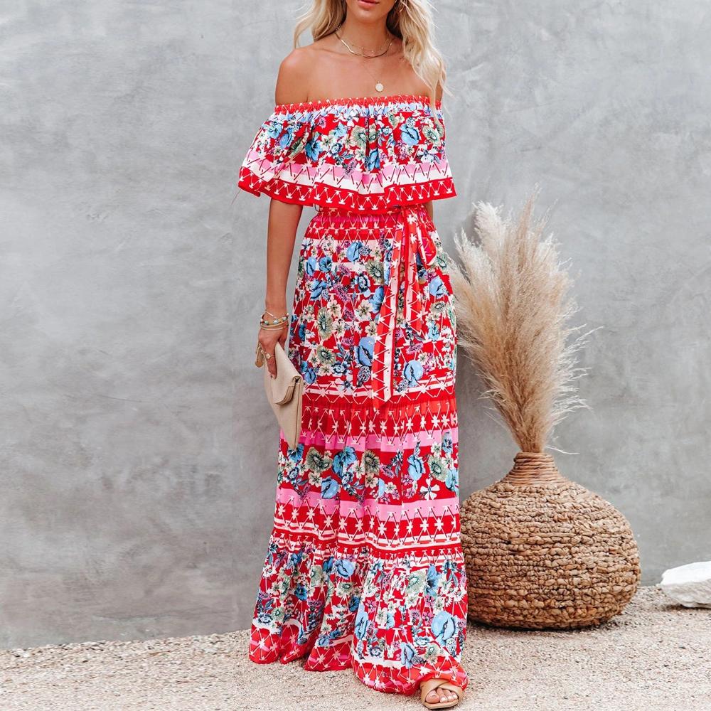 Allover Floral Print Off Shoulder Ruffle Hem Belted Maxi Dress - Image 21