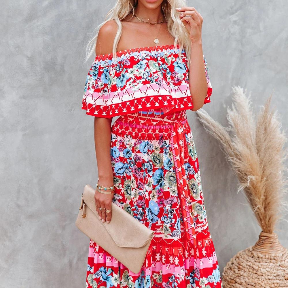 Allover Floral Print Off Shoulder Ruffle Hem Belted Maxi Dress - Image 23