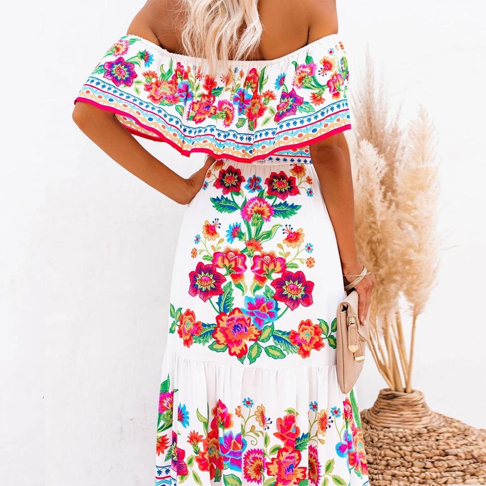Allover Floral Print Off Shoulder Ruffle Hem Belted Maxi Dress - Image 7