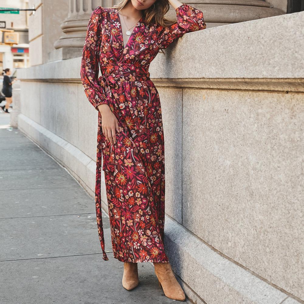 Allover Floral Print Plunging Neck Bishop Sleeve Slit Thigh Kimono Belted Dress - Image 4