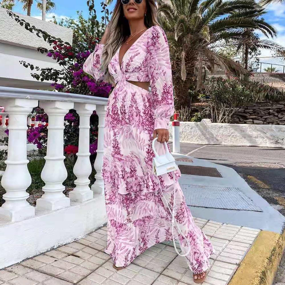 Allover Print Plunging Neck Cut Out Waist Bishop Sleeve Maxi Dress - Image 4