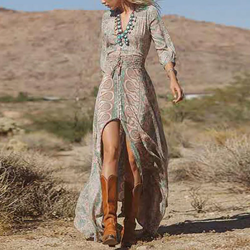 Allover Print Tie Front V Neck Shirred Waist Split Thigh Dress