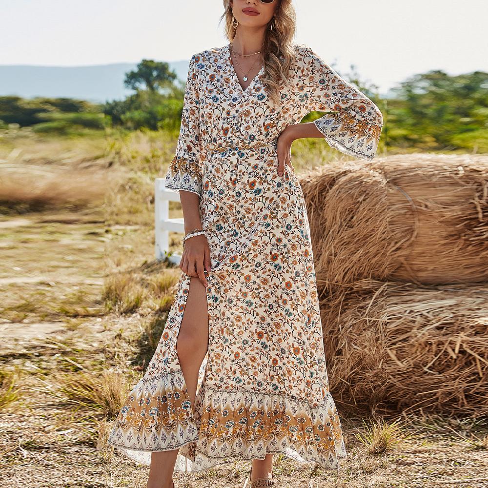 Apricot All Over Print Button Front Split Thigh Ruffle Hem Half Sleeve Dress - Image 3