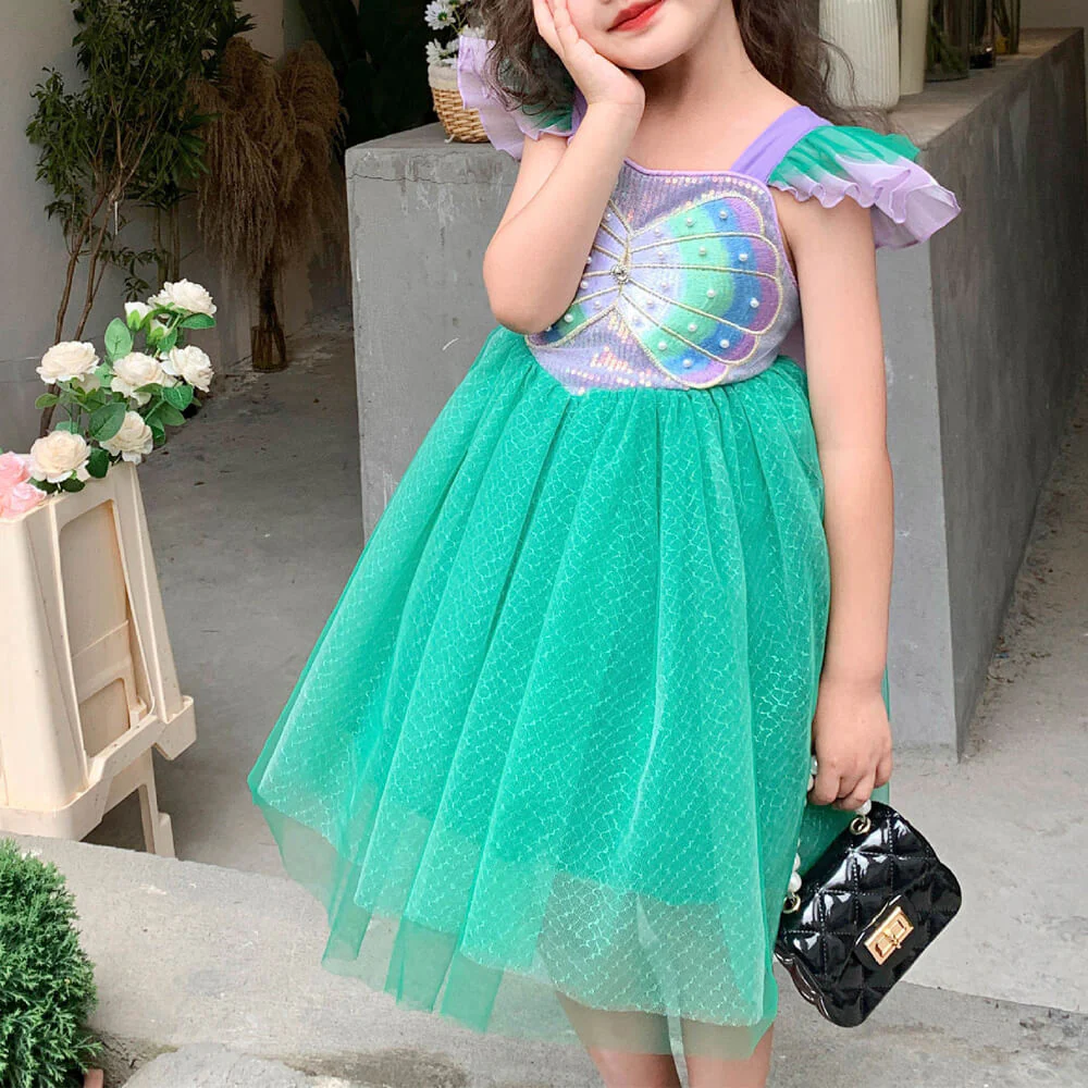 Girls Princess Mermaid Costume Flying Sleeve Multi-layered Tutu Dress for Halloween